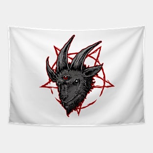 Black Baphomet Goat Head over Red Pantagram Tapestry