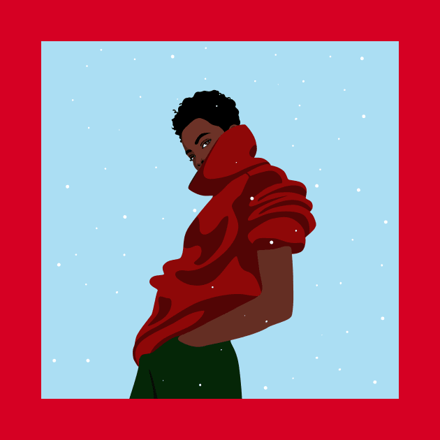 Stylish woman under the snow in a red turtleneck by Lastdrop