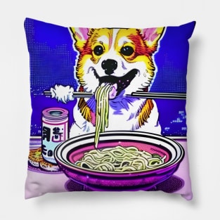 Corgi Eating Ramen Noodle Soup. Pillow