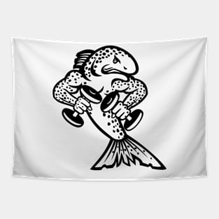 Muscular Brown Trout or Salmon Breaking Lifting Dumbbell Weights Cartoon Mascot Black and White Tapestry