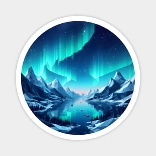 Winter Lake and Aurora Borealis Low Poly Magnet