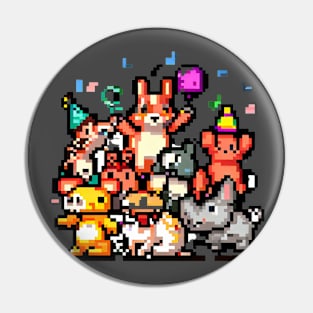 A group of animals having a party or celebrating a holiday, pixel art Pin