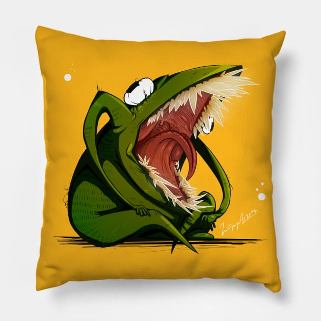 Frog Reeeeeee Pillow by DeemeeArt