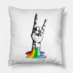 Hand making metal rock gesture coming out of rainbow Pillow