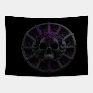 Resurrection Emblem with Jesus' skull with a crown of thorns and an Algiz life rune. Black & Purple Tapestry