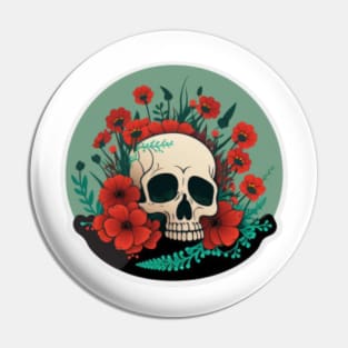 Skull head & red flowers Illustration Pin