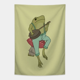 Funny Cottagecore Frog Playing Banjo Guitar and Sitting on a Mushroom Tapestry