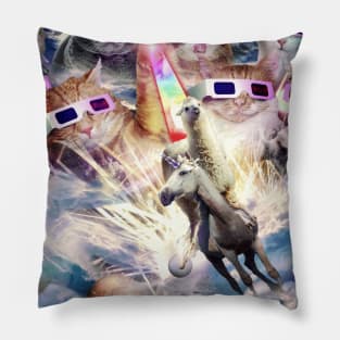 Rainbow Laser Cat With Llama On Unicorn In Space Pillow