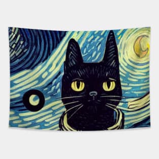 Black Cat, Starry Night in Van Gogh style Tapestry