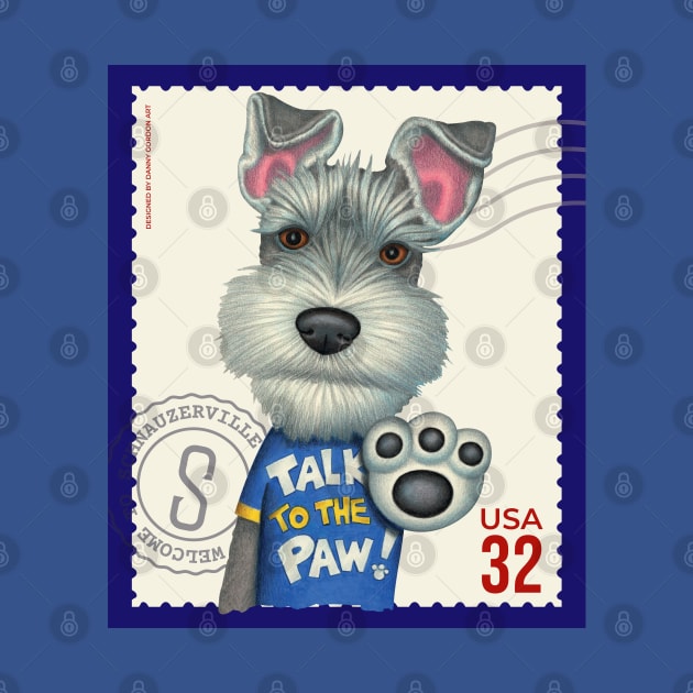 Cute schnauzer with talk to the paw shirt on vintage stamp by Danny Gordon Art