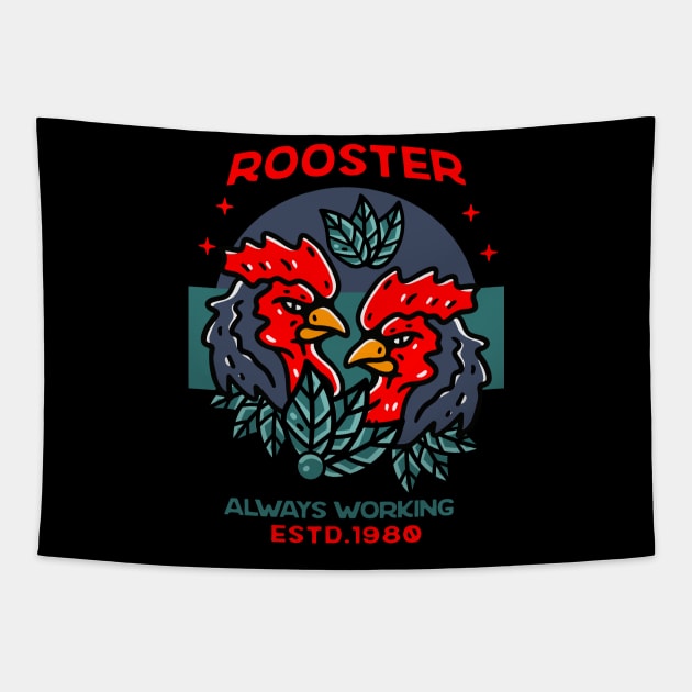 Double Rooster Illustration Hand Drawn Tapestry by Guideline.std