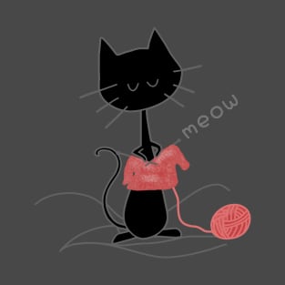 Black Knitting Cat - Asphalt T-Shirt