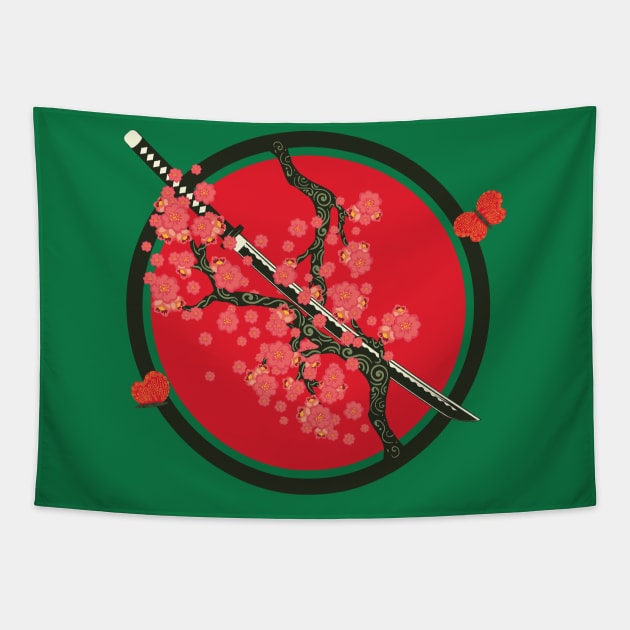 Katana and red flowers branch Tapestry by AnnArtshock