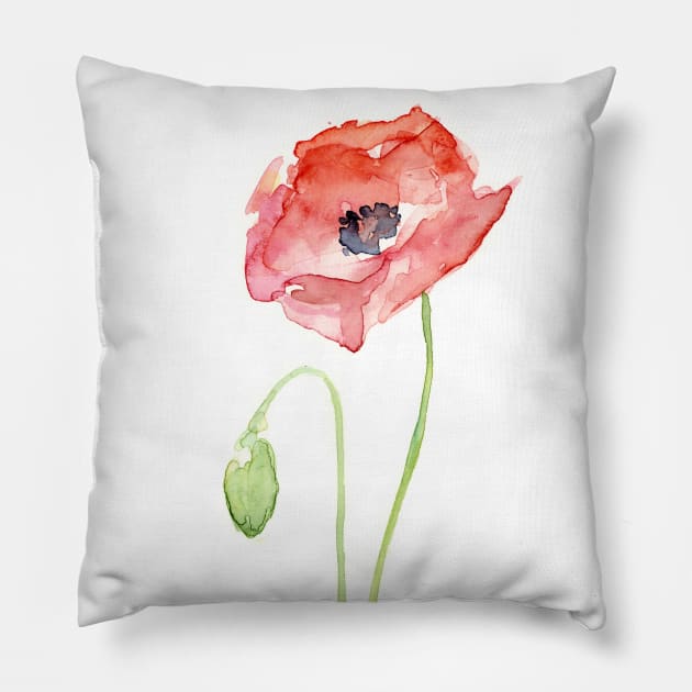 Red Poppy Watercolor Pillow by Olechka