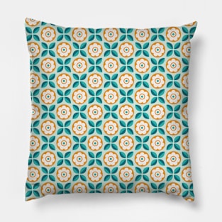 Retro Floral Pattern Teal, Aqua, Orange Pillow