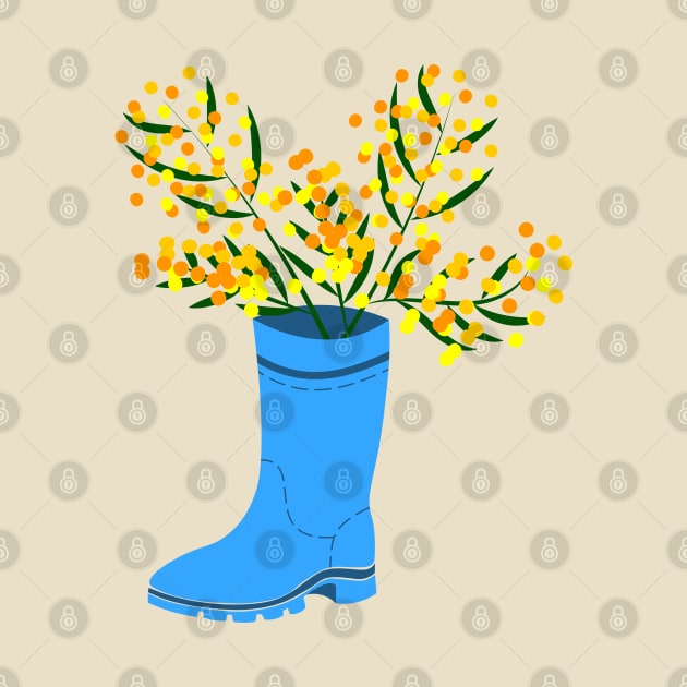 Rubber boots Wellies blue Wellington boots and mimosa flower by Cute-Design