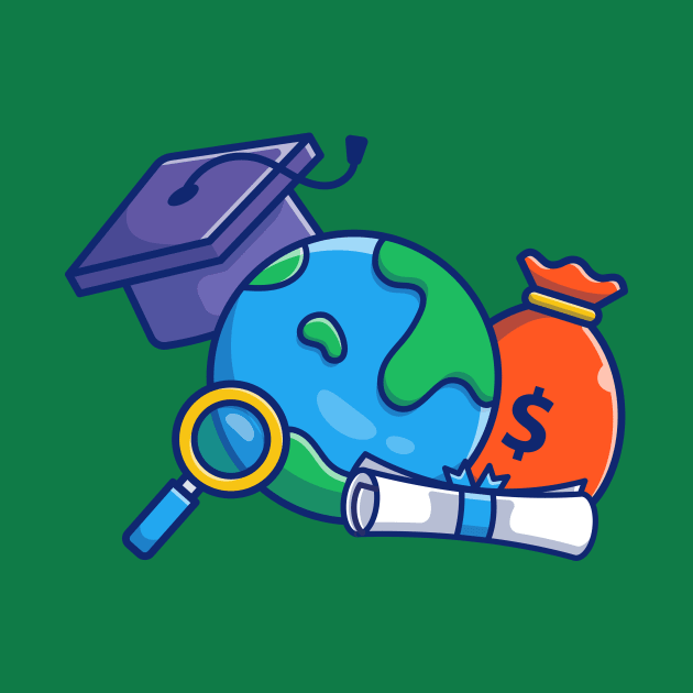 Scholarship, Graduation Cap, World, Certificate And Money Bag Cartoon by Catalyst Labs