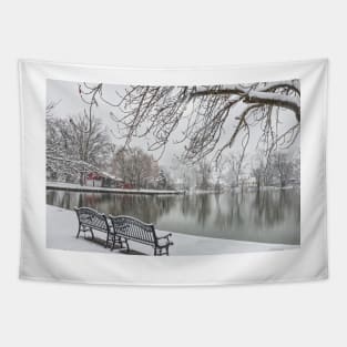 Snowy Benches by the Lake Tapestry