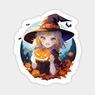 Halloween Enchantment: Young Witch with a Magical Pumpkin Magnet