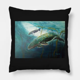 Whale Song, Whale Mother and Calf, Underwater Painting Pillow