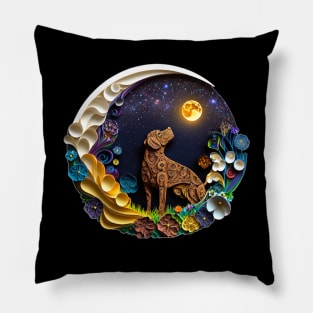 Chocolate Brown Labrador Retriever Dog in Space Full Moon Glowing Planets Stars Art Pillow