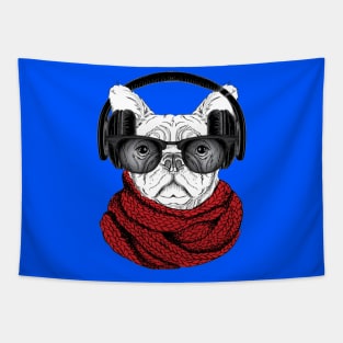 Dog in glasses, winter scarf and with headphones Tapestry