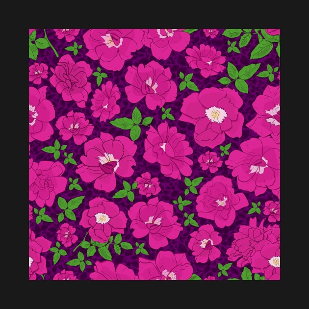 Retro Ramblin' Rose Pink and Green on Magenta Leaves Repeat 5748 by ArtticArlo