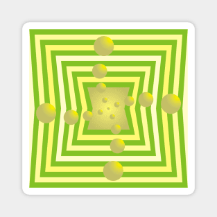 Spheres Pirouetting Through a Green and Yellow Portal Magnet