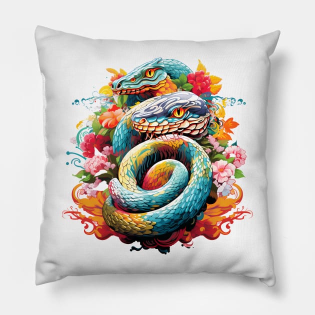 Double headed snakes chinese style Pillow by Nosametee