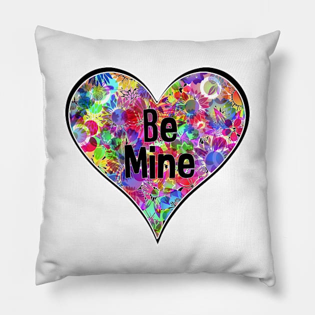 Be Mine Bright Colorful Rainbow Neon Floral Flower Heart Pillow by Timeforplay