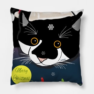 : Cute Tuxedo cat wishing Merry Christmas or Merry Catmas .Copyright TeAnne Pillow