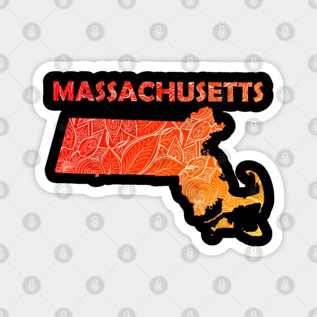 Colorful mandala art map of Massachusetts with text in red and orange Magnet by Happy Citizen