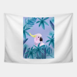 Cockatoo with tropical leaves in watercolor and a violet background Tapestry