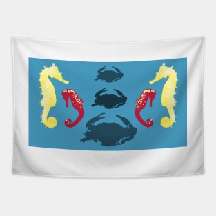 Seahorses and Crabs design on blue background Tapestry