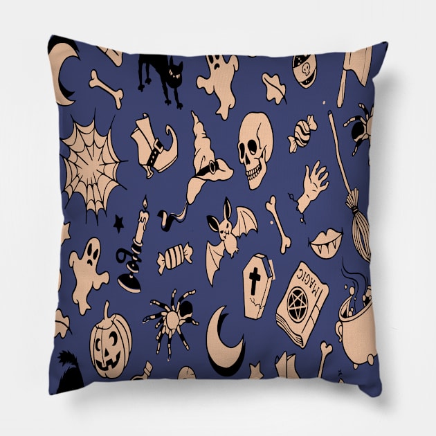 Night Background Halloween Doodles Pattern Pillow by Modern Art