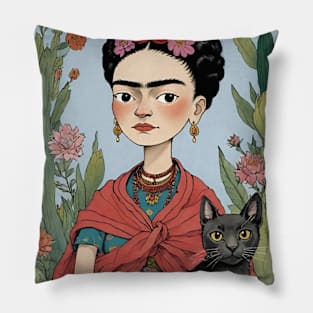Frida and Her Feline Friend: Cartoon Illustration Pillow