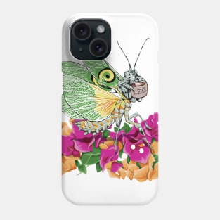 Original White and Green Butterfly Praying Mantis on orange and Purple Tulips sipping on some Tea Phone Case