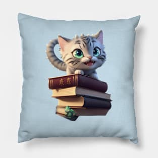 Tabby Dragon Cat with his Books Pillow