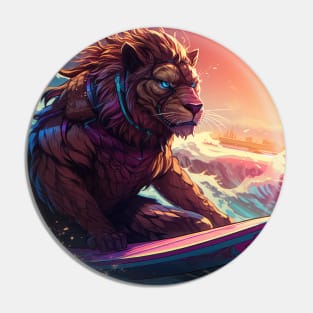 Synthewave Sunset Surfing Lion Pin
