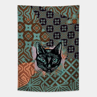 Black cat collage and patterns Tapestry