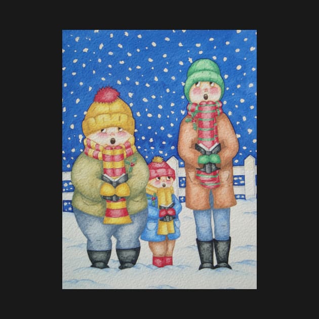 cute illustration of carol singers in the snow at Christmas by pollywolly