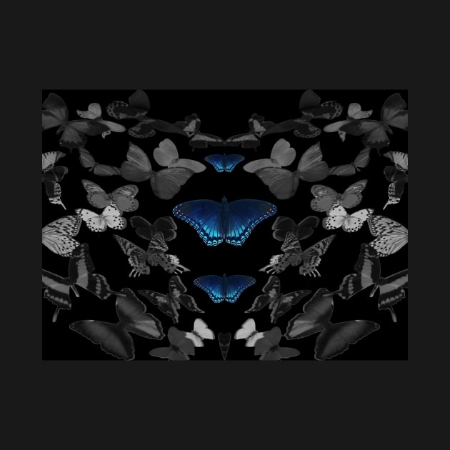 Black and White Flying Butterflies All Around Blue Butterflies by Moonlit Midnight Arts