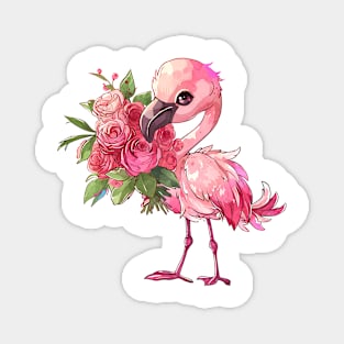 Valentine Flamingo Giving Flowers Magnet