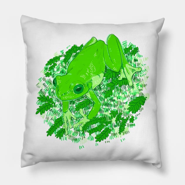 Green Frog Pillow by Drawing Alba