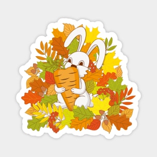 cartoon cute bunny keeping carrot into autumn foliage Magnet