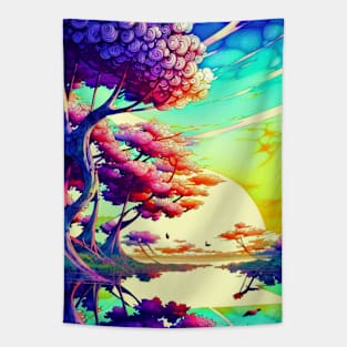 Pink Trees River Sunset Tapestry