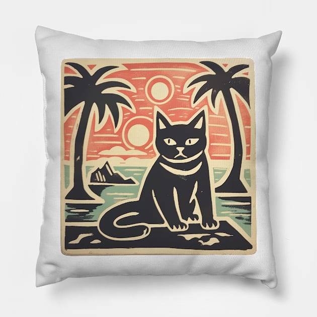 Black Cat Lino Cut Hawaiian Sunset Pillow by Kona Cat Creationz