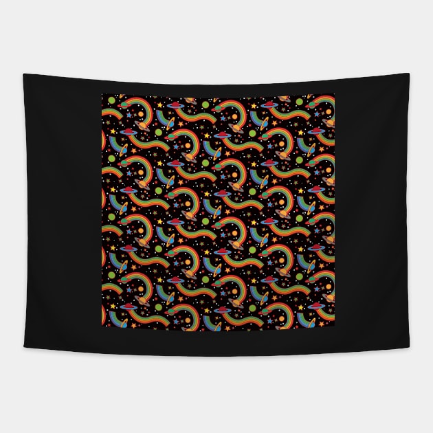 Good Vibes Space Rainbows, Stars and Planets in Neon and Black Tapestry by Charredsky