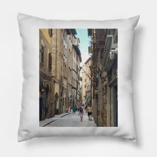 Busy Narrow Cobblestone Street In Florence Pillow