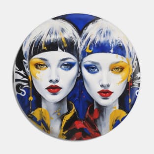 Abstract Girls Colorful Twin Portrait Blue and Red Pin